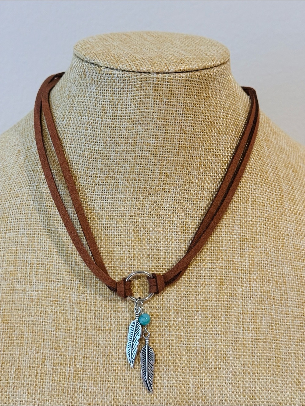Brown Suede Double-Strand Feather Charm Necklace